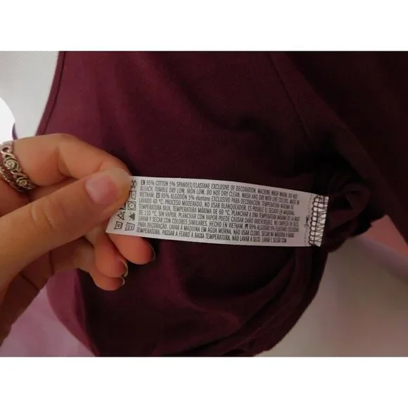 FOREVER 21 Long Sleeve Twist Crop Top Women L Burgundy Cotton Blend - Picture 6 of 8